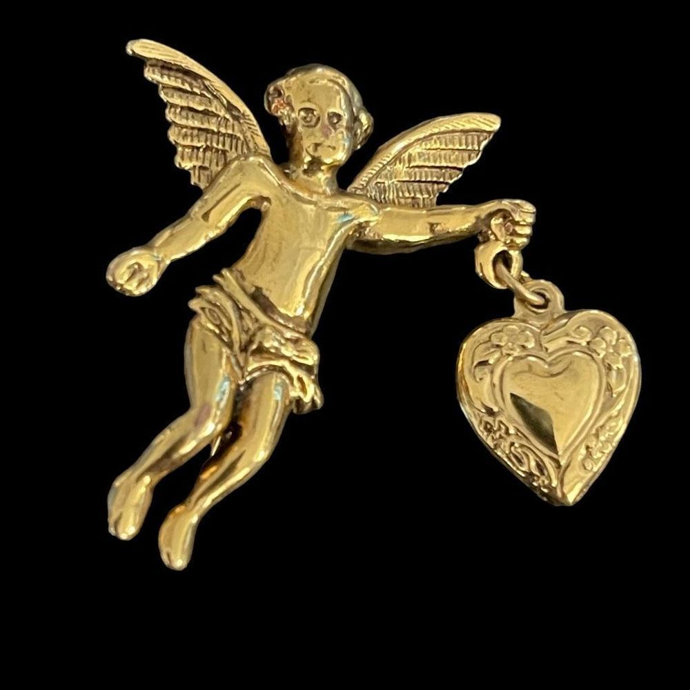 1928 Angel Wings Cherub Gold Tone Brooch Pin Dangle Heart Charm Victorian Style